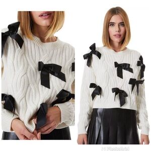 ALICE + OLIVIA BEAU CABLE KNIT BOW SWEATER